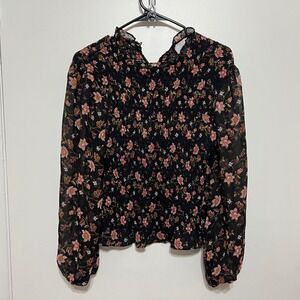 J.O.A. Womens‎ Blouson Sleeve Floral Pullover Blouse Size XS Black Dark Coquette
